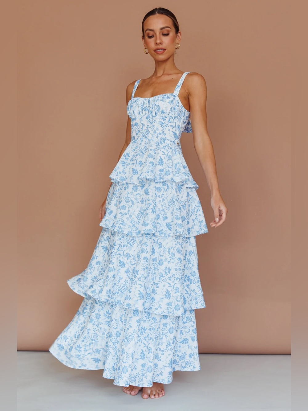 MIKA & GALA Provence Bloom Tiered Maxi Dress Floral Blue